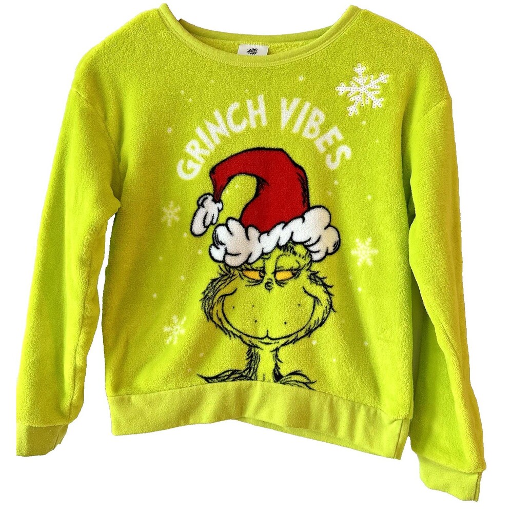 Dr Seuss The Grinch Vibes Fleece Sweatshirt Sequin Ugly Christmas Girls L 10-12